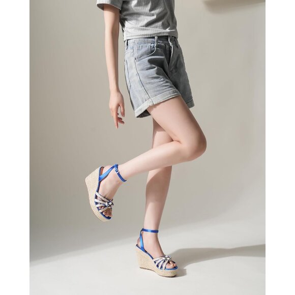 Sicare Open Toe Wedge Raffia Blue Women Espadrilles Braided Strappy Sandal - Picture 10 of 12